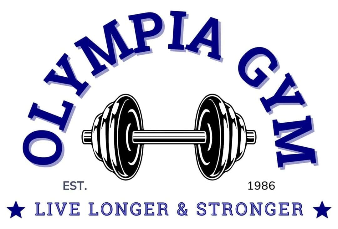 A blue and white logo for olympia gym.