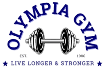 A green and blue logo for olympia gym.